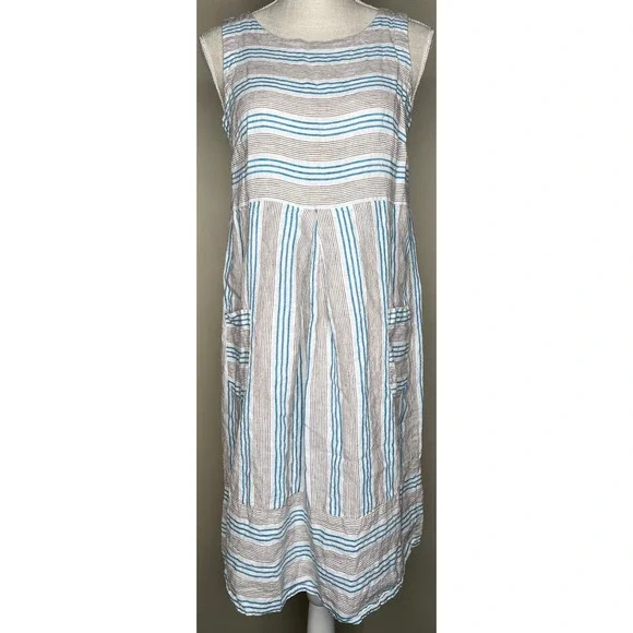 J Jill Love Linen womens dress sleeveless white brown blue striped shift size XS J Jill Love Linen womens dress sleeveless white brown blue striped shift size XS